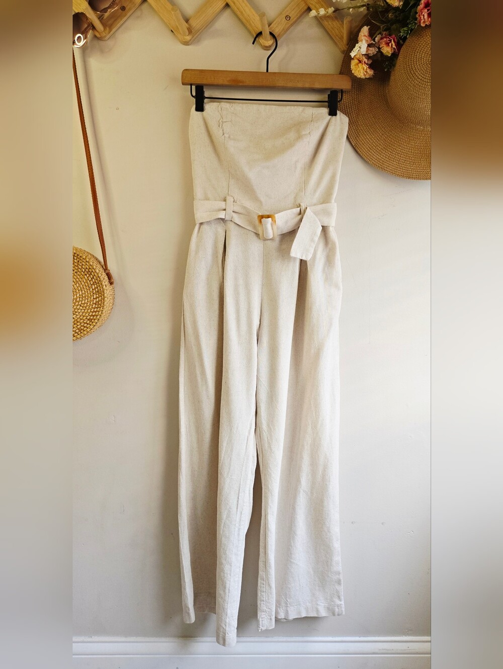 Monteau Strapless Wide-Leg Jumpsuit in Cream with Belt